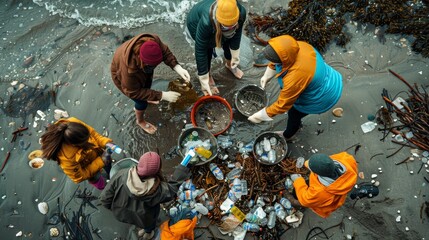 A group of people are cleaning up trash on a beach