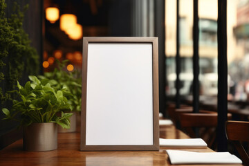 White blank menu mockup on the table in the restaurant with blurred background. Design template with copyspace