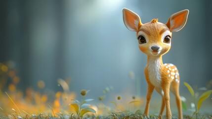 Cute deer cartoon 3d on the right side with blank space for text