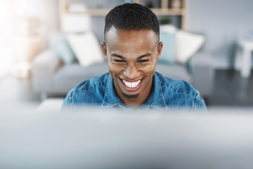 Confidence, smile and black man by computer in office, workspace and desk happy in creative career....