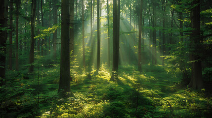 Fototapeta premium Spring forest scene with sunlight filtering through lush green leaves, evoking freshness and tranquility in nature's awakening. Ideal for representing the vibrant beauty of springtime landscapes
