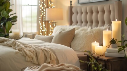 A serene bedroom with an LED candle array on the bedside table creating a relaxing atmosphere. 2d flat cartoon.