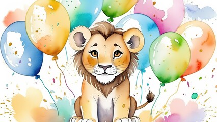 Fototapeta premium watercolor illustration of lion cub with balloons on white background,birthday greeting concept, wallpaper for children's room, for invitation, card, sticker and banner.
