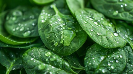 A bunch of green spinach leaves with water droplets on them