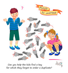 Logic puzzle game for children and adults. Can you help the kids find a key for which they forgot to order a duplicate? Develop spatial thinking skills. Brain teaser book. Vector illustration.