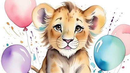 Fotobehang watercolor illustration of lion cub with balloons on white background,birthday greeting concept, wallpaper for children's room, for invitation, card, sticker and banner. © екатерина лагунова