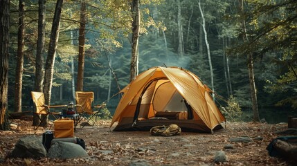 A yellow tent is set up in a forest with a chair and a cooler nearby