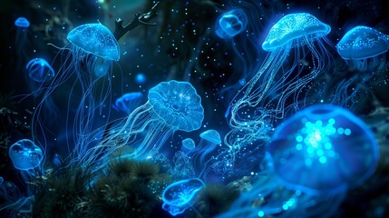Bioluminescent organisms in a dark ocean environment