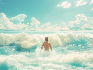 A man surfer on a beautiful blue ocean at daylight, sunny, island, ocean, sea, 