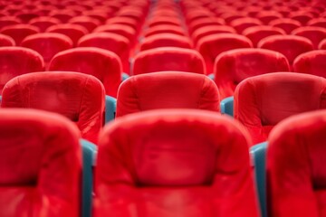 Fototapeta premium Auditorium with Red Velvet Theater Seats, Empty Cinema Chairs