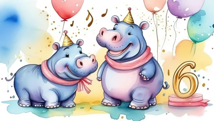 Fotobehang Children's birthday concept. Cute happy hippo with colorful balloons. Watercolor birthday card with hippopotamus and balloons © екатерина лагунова