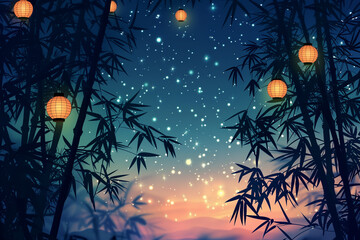 Night Scene With Bamboo Trees and Lanterns