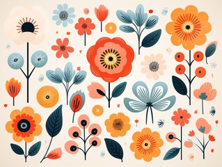 Retro blossoms, simple lines, flat design, childrens vector illustration, bright on white ,  illustration