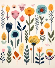 Fotobehang Playful retro floral vectors, simple lines for kids, flat design, white background, illustration set ,  flat graphic drawing © Amina