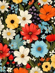 Fotobehang Seamless pattern of cheerful handdrawn flowers, festive birthday fabric design ,  repeating pattern drawing © Amina