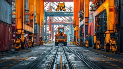 A train is driving through a train yard with many orange cranes