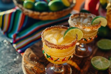 Artisanal Mexican cocktails on rustic bar tops, featuring salt and spice rims and fresh lime garnishes, evoke the vibrant essence of a tropical escape.