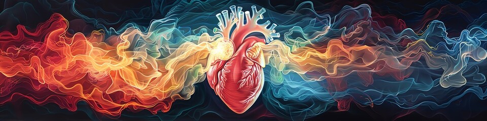 An illustration of a heart with smoke coming out of it. The smoke is red, orange, yellow, green,...