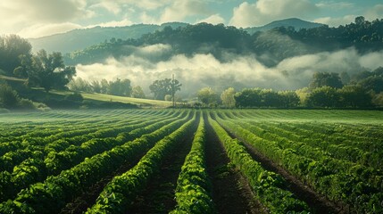 A field of green plants with a foggy sky in the background