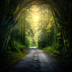 Naklejka premium Road in dark forest