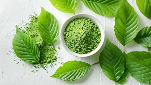 Comparison of kratom leaves and matcha tea on white background. Concept Kratom Leaves, Matcha Tea, Comparison, White Background, Herbal Products