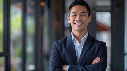 Fototapeta premium Smiling confident young professional Asian businessman in dark suit standing with crossed arms the background of blurred office