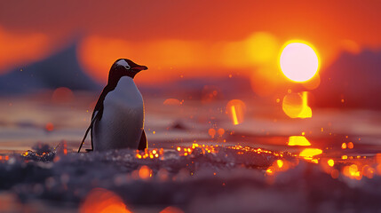 A penguin stands against the Antarctic sunset, its silhouette stark against the vibrant hues of the sky, embodying solitude and resilience in its icy habitat - obrazy, fototapety, plakaty