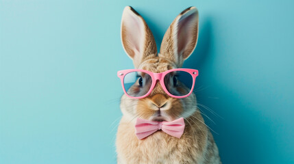 Funny easter concept holiday animal celebration greeting card - Cool easter bunny, rabbit with pink sunglasses and bow tie, isolated on blue background See Less 
