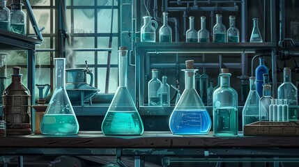 Laboratory equipment like beakers, flasks, and pipettes