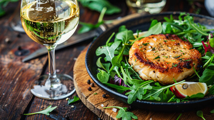 Fish cutlet on greens and glass of wine on wooden 
