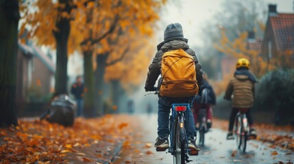 A young boy rides a bicycle down a street with a yellow backpack - obrazy, fototapety, plakaty