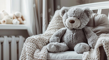 A charming gray teddy bear seated on a plush armchair in a nursery surrounded by a collection of soft blankets pillows and plush toys offering comfort and companionship