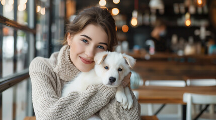 Portrait of beautiful young woman holding her dog in hands. Cute white dog in arms of loving owner. With dog in coffee shop