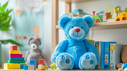 A charming blue teddy bear sitting on a wooden shelf surrounded by books blocks and other educational toys encouraging cognitive development and early literacy skills 