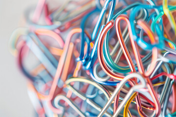 Up-close perspective of a cluster of paper clips arranged in a chaotic yet harmonious composition, reflecting the balance between structure and spontaneity in business dynamics,