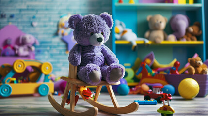 A playful purple teddy bear sitting on a wooden rocking horse surrounded by an assortment of colorful toys and stuffed animals inspiring imaginative play - Powered by Adobe