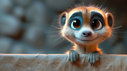 Cute meerkat cartoon 3d on the right side with blank space for text