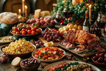 Fototapeta premium A rustic table set with a variety of food, including pasta, bread, vegetables, and meat. There are also candles and wine on the table.