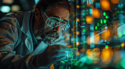 A scientist wearing a lab coat and safety glasses is working in a laboratory. He is looking at a beaker of glowing green liquid.