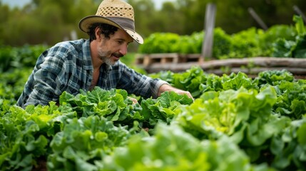 A man in a straw hat is tending to a garden of lettuce