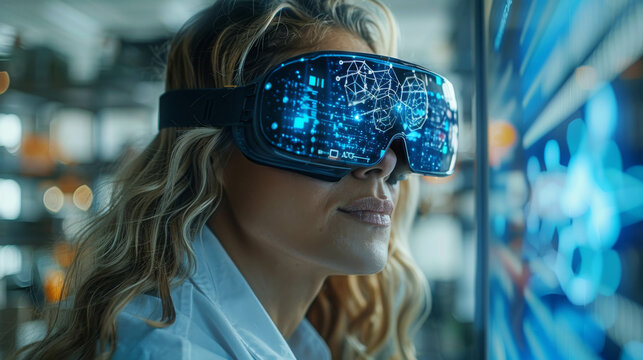 A woman wearing a virtual reality headset with a futuristic background