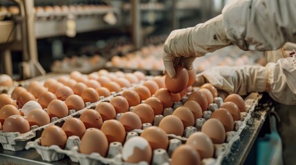 A worker is picking up an egg from a tray of eggs