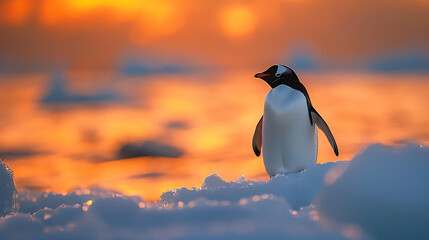 A penguin stands at the South Pole during sunset, casting a serene silhouette against the golden sky, embodying the tranquility of Antarctica's icy landscape