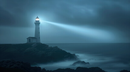 A lighthouse beaming light out into the darkness, guiding ships to safety and symbolizing leadership and vision - obrazy, fototapety, plakaty