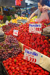 Santiago, Chile - 26 Nov, 2023:  Fresh strawberries on sale at the Mercado La Vega in central Santiago