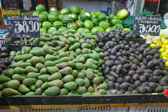 Santiago, Chile - 26 Nov, 2023:  Avocados on sale at the Mercado La Vega in central Santiago