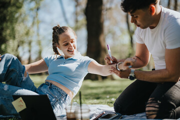 Two young students engaged in studying at a park, exchanging notes and enjoying the sunlight,...