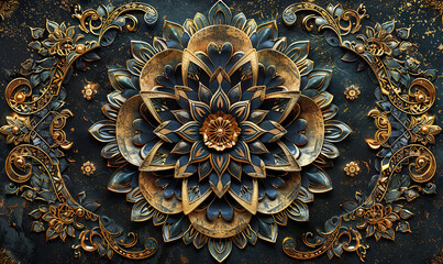 A detailed golden floral mandala with intricate patterns on a navy backdrop. Generate AI