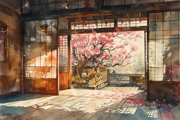 A beautiful watercolor painting of a traditional Japanese house with a cherry blossom tree in the garden