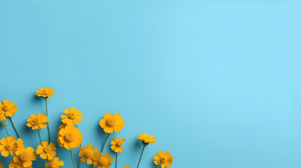 Blue background with yellow flowers and copy space. Small summer flowers on blue background. Template for  presentation, slide, print - obrazy, fototapety, plakaty